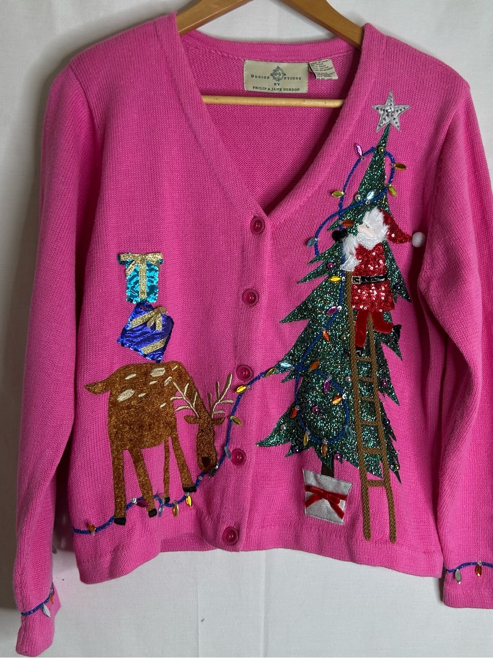 Vintage Design Options by Philip &Jane Gordon Pink Christmas Cardigan Size Large